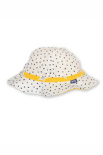 Kite Baby Hat. A reversible cotton hat featuring yellow starfish print, and spotty print on the inside.