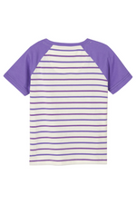 Lighthouse Causeway Short Sleeve T-Shirt. A cotton, kids tee with a crew neck, striped design, and a purple tractor print.