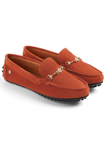 Fairfax & Favor Trinity Suede Loafer. A pair of suede loafers in the colour Sunset Orange, featuring gold hardware and black nubbed sole.