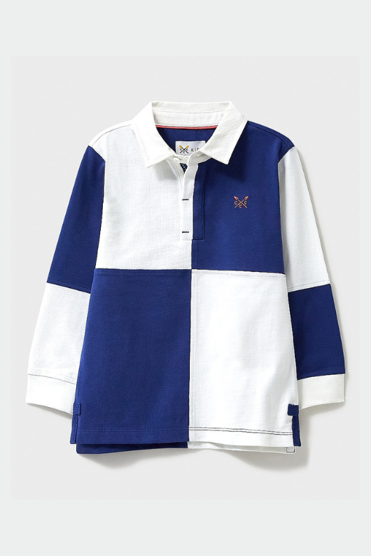 An image of the Crew Clothing Heritage Harlequin Rugby Shirt in the colour Navy White.