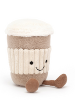 Jellycat Amuseable Coffee-To-Go. A soft toy coffee cup with brown fur, legs, and smiling face.