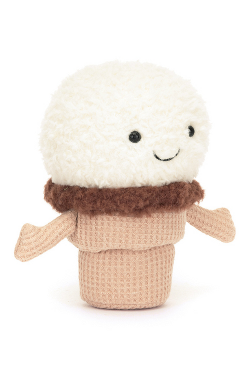 Jellycat Amuseable Ice Cream Cone. A soft toy with scoop of ice cream, waffle cone with arms, and smiling face.