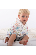 The Herdy Company Baby Marra Hoodie in White with colourful sheep outlines all-over.