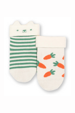 Kite Socks. Two pairs of socks, one with green striped print and bunny face, the other with orange carrot print. These socks have turn-down tops.