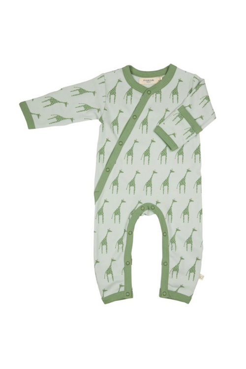 Pigeon Organics Kimono Romper. A kimono-style romper with diagonal opening, poppers, cuffs at feet and built-in scratch mitts, in a green giraffe print.