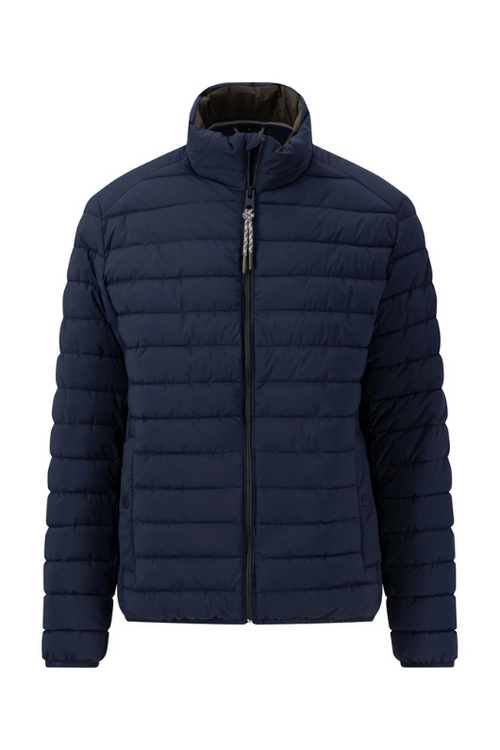 Fynch-Hatton Padded Jacket. A casual fit, men's jacket with a stand-up collar with chin guard, front zip fastening, press studs at the side and a dark navy quilted design.