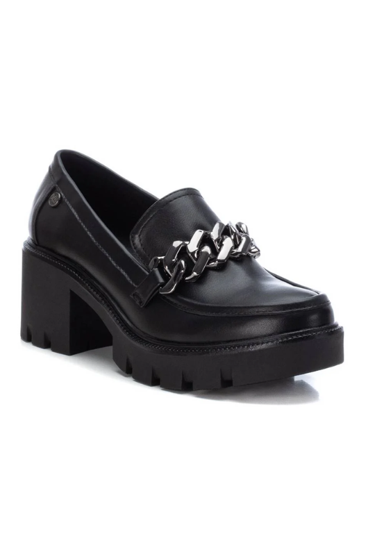 Xti Chunky Heel Loafer. A black vegan leather loafer with chain detail and chunky heeled sole.