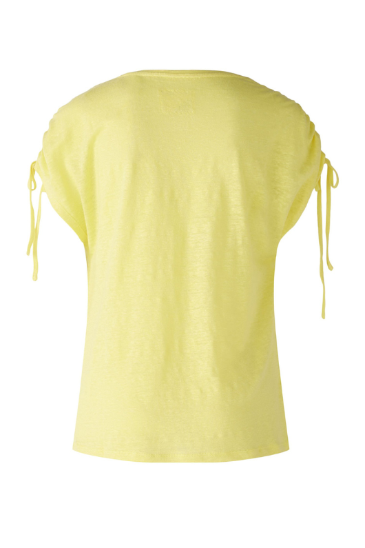 Oui Linen Blend T-Shirt. A regular fit yellow T-shirt with round neckline and short sleeves featuring a tie detail.