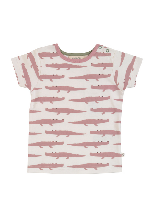 Pigeon Organics Short Sleeve T-Shirt Crocs. A short sleeve, round neck T-shirt with pink crocodile print.
