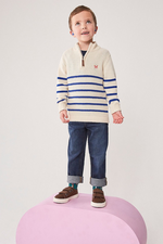 An image of a boy model wearing the Crew Clothing Stripe Half-Zip Knit Jumper in the colour Navy White.