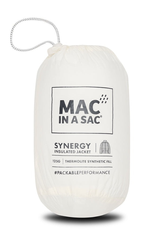 Mac in a Sac LDS Synergy Jacket. A lightweight packable jacket, comes with a sack for storage. This jacket has thermolite filling and reflective detailing and is in the colour Ivory.