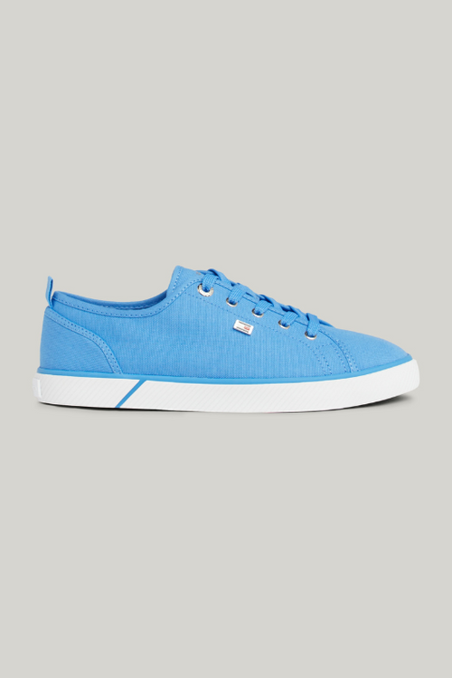 An image of the Tommy Hilfiger Enamel Flag Canvas Trainers in the colour Blue Spell.