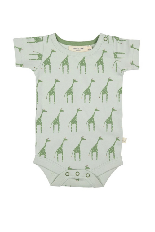 Pigeon Organics Summer Body. A short sleeve bodysuit with poppers and green giraffe print.