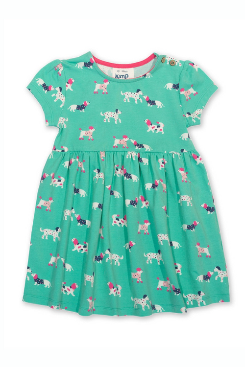 Kite Dress. A short sleeve dress with round neckline and floaty skirt, featuring a duck egg colour and dog print design.