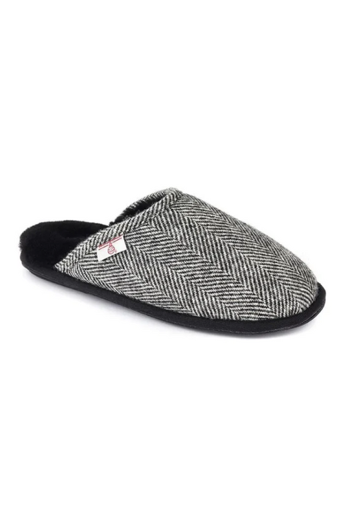 An image of the Bedroom Athletics Harris Tweed Mule slippers in black/white herringbone.