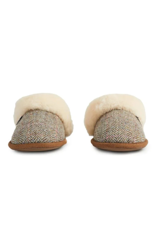 An image of the Bedroom Athletics Kate Harris Tweed Slippers in the colour oat/pink.