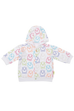 The Herdy Company Baby Marra Hoodie in White with colourful sheep outlines all-over.