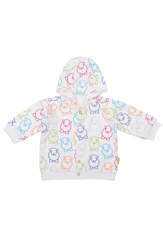 The Herdy Company Baby Marra Hoodie in White with colourful sheep outlines all-over.