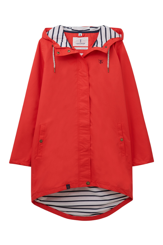 Lighthouse Beachcomber Long Coat. A windproof & waterproof jacket with a soft jersey lining, two-way zip, adjustable hood and a fun red design.