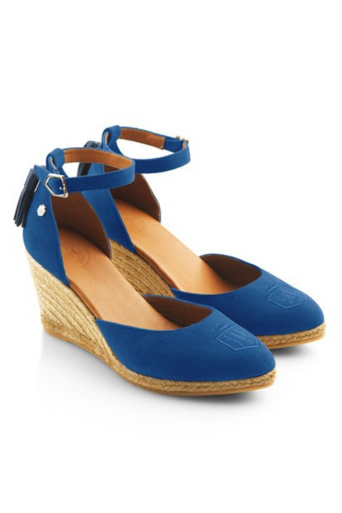 Fairfax & Favor Monaco Wedge Sandal. A pair of Porto Blue coloured sandals with tonal embroidered toe, tassel detail, wedge heel, and espadrille style sole.