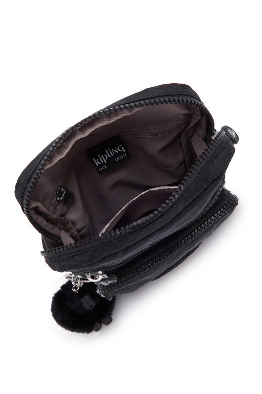 Kipling Gunne Small Crossbody Bag with black noir design with zip closure, external pocket and Kipling monkey keychain