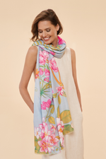 Powder Printed Scarf. A large rectangular scarf with a pretty, blue floral print.