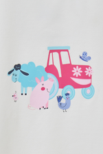 Lighthouse Causeway Swing Tee. A regular fit, kids t-shirt with short ruffle trim sleeves, a crew neck, and a tractor & animal design on a white background.
