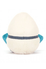 Jellycat Amuseable Boiled Egg Scuba. A boiled egg soft toy wearing blue flippers and goggles, with a smiling face.