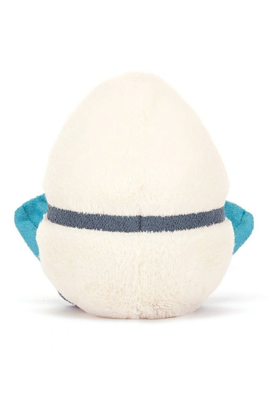 Jellycat Amuseable Boiled Egg Scuba. A boiled egg soft toy wearing blue flippers and goggles, with a smiling face.