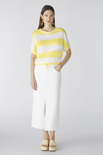 Oui Block Stripe Jumper. A knit jumper with yellow and white block stripes, round neckline, batwing sleeves, and drawstring cord at the hemline.