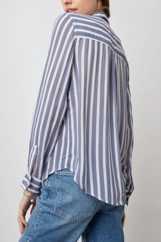 An image of a female model wearing the Rails Josephine Shirt in the colour Turin Stripe.