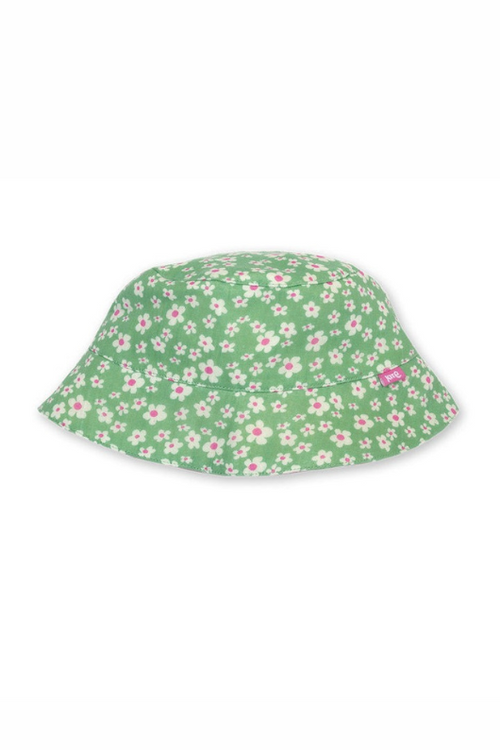 Kite Kids Sun Hat. A reversible cotton sunhat with protective brim, featuring a green ditsy floral print, and a pink giraffe print on the reverse.