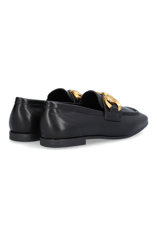 Alpe Leather Loafers in black with bold, gold buckle detail on the front.