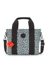 Kipling Minta Medium Tote Bag. A tote bag with top handles, adjustable shoulder strap, multiple compartments, Kipling monkey keyring, and multicoloured print.