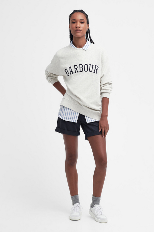 An image of a female model wearing the Barbour Northumberland Sweatshirt in the colour Cloud/Navy.