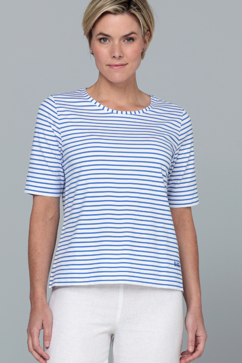 An image of a female model wearing the Bianca Dinia Striped Top in the colour Blue White.