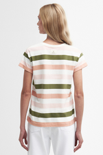An image of a female model wearing the Barbour Lyndale T-Shirt in the colour Soft Apricot Stripe.