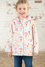 Lighthouse Heidi Jacket. A kids, waterproof coat with a soft jersey lining, and a sweet rainbows & sunshine design on a white background.