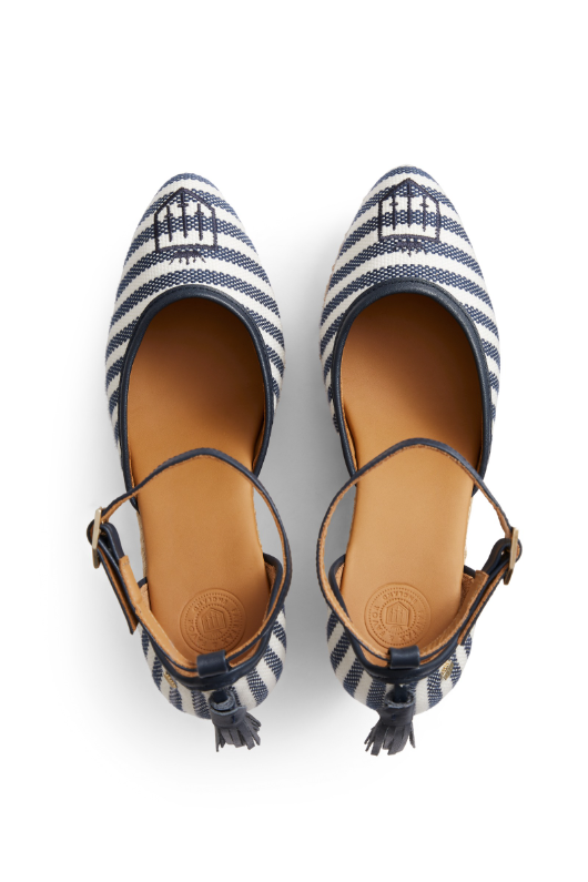 Fairfax & Favor Monaco Wedge Sandal. A pair of Navy striped sandals with tonal embroidered toe, tassel detail, wedge heel, and espadrille style sole.