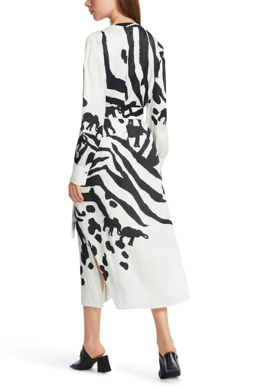 Marc Cain Dress. A relaxed fit, midi dress with long sleeves, a tie belt at the waist and a chic black & white print
