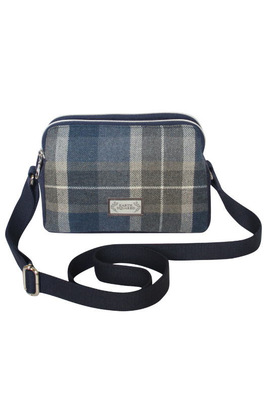 Earth Squared Anna Bag. A small crossbody bag with adjustable strap and tweed design in the style Humble Blue.