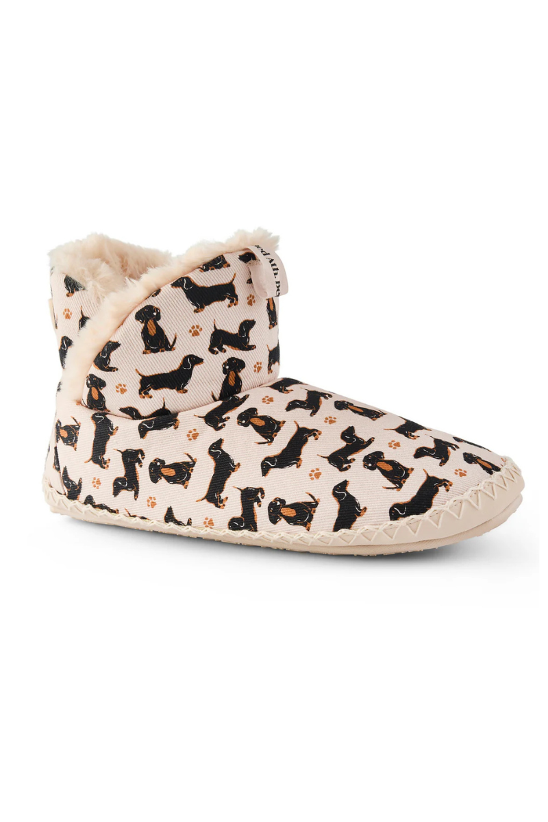 An image of the Bedroom Athletics Lily All Over Dog Print Slipper Boot