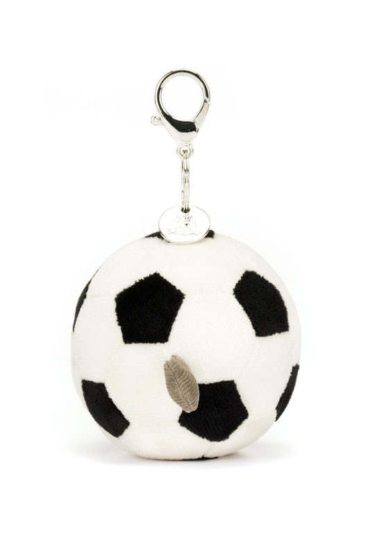 Jellycat Amuseable Sports Football Bag Charm. A black & white football soft toy with claw clasp and Jellycat tag.