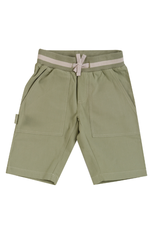 Pigeon Organics Painter Shorts. A pair of green shorts with stretchy waistband and deep pockets.