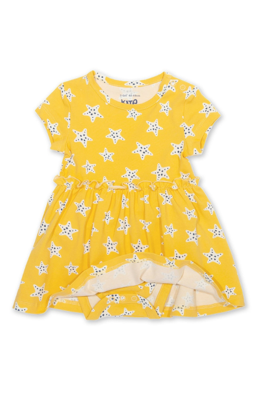 Kite Bodydress. A yellow starfish print dress and bodysuit in one with short sleeves.