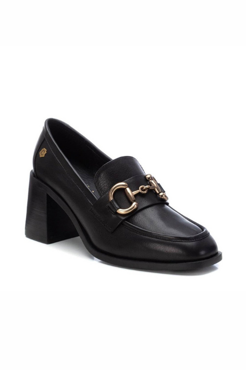 Carmela Heeled Leather Loafer. A pair of 7cm heeled black loafers with buckle detail.