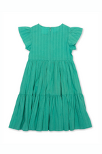 Kite Dress. A green tiered dress with short ruffled sleeves and round neckline featuring floral embroidery.