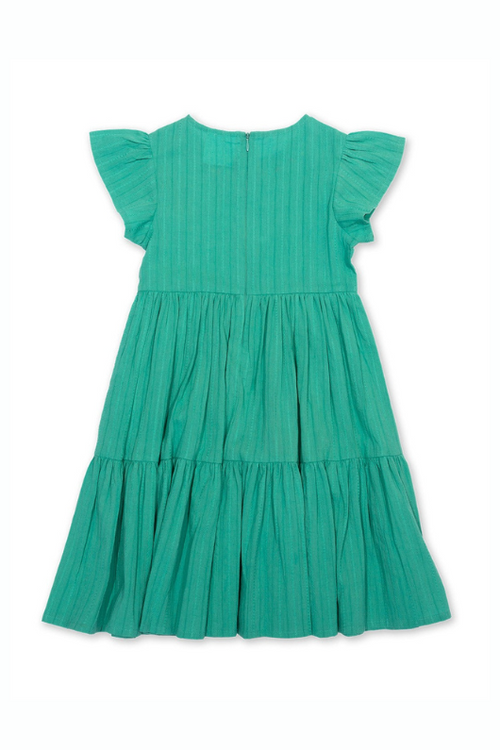Kite Dress. A green tiered dress with short ruffled sleeves and round neckline featuring floral embroidery.