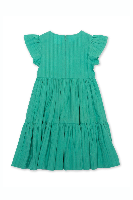 Kite Dress. A green tiered dress with short ruffled sleeves and round neckline featuring floral embroidery.