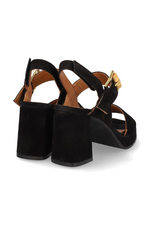 Alpe Platform Sandal. Black, block heel sandals with gold buckle fastening, an open toe, and a 9cm heel